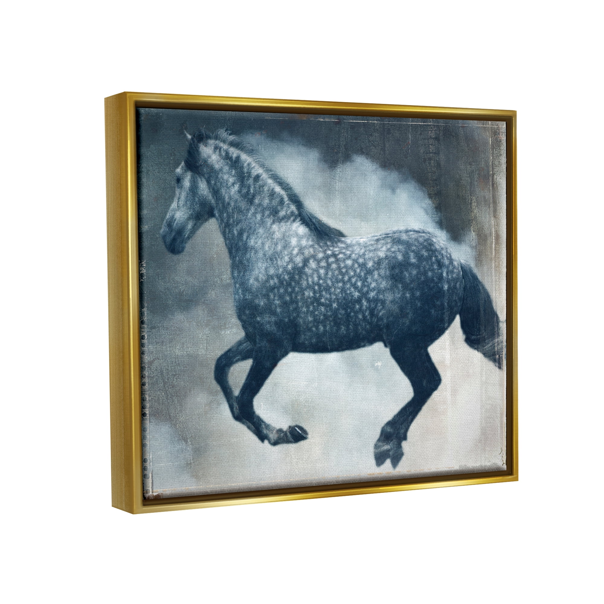 Stupell Industries Blue Galloping Horse Vintage Animals & Insects Painting Gold Floater Framed Art Print Wall Art