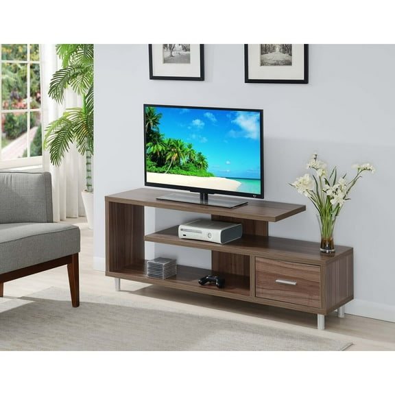 HomeStock Artisanal Attic 60 inch TV Stand with Shelves, Cappuccino Finish, 59"L x 15.5"W x 23.5"H, For TVs up to 65 Inches Wide, Concealed Drawer Storage, Sturdy Melamine Construction