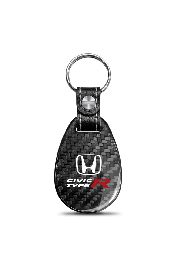 for Honda Civic Type R Real Black Carbon Fiber with Leather Strap Large Tear Drop Key Chain, Official Licensed