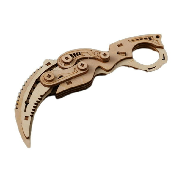 Cuchillo plegable de madera Karambit con forma de mariposa, modelo premium de madera de tilo, rompecabezas, diseño liso, espigas y mortaja, estructura lógica, kit de ensamblaje DIY.