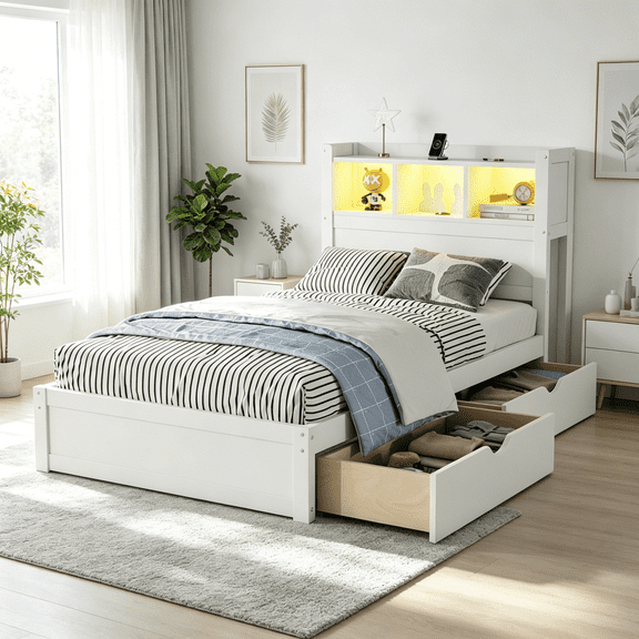 White Twin Size Bed Frame with Storage Headboard, LED Lights, Drawers and Cabinet - Modern Wood Platform Bed for Small Space Bedroom
