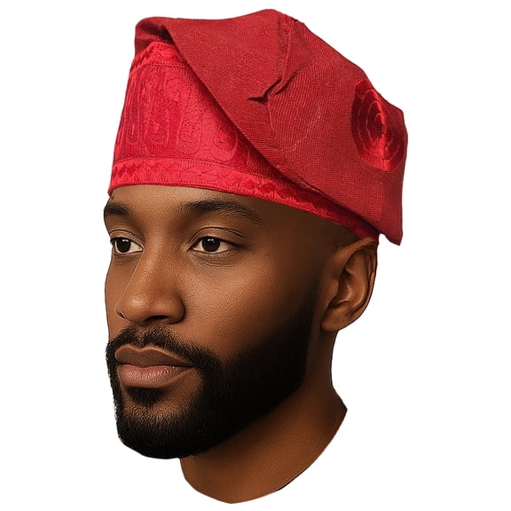 Red Embroidered African Hand woven Aso Oke Hat