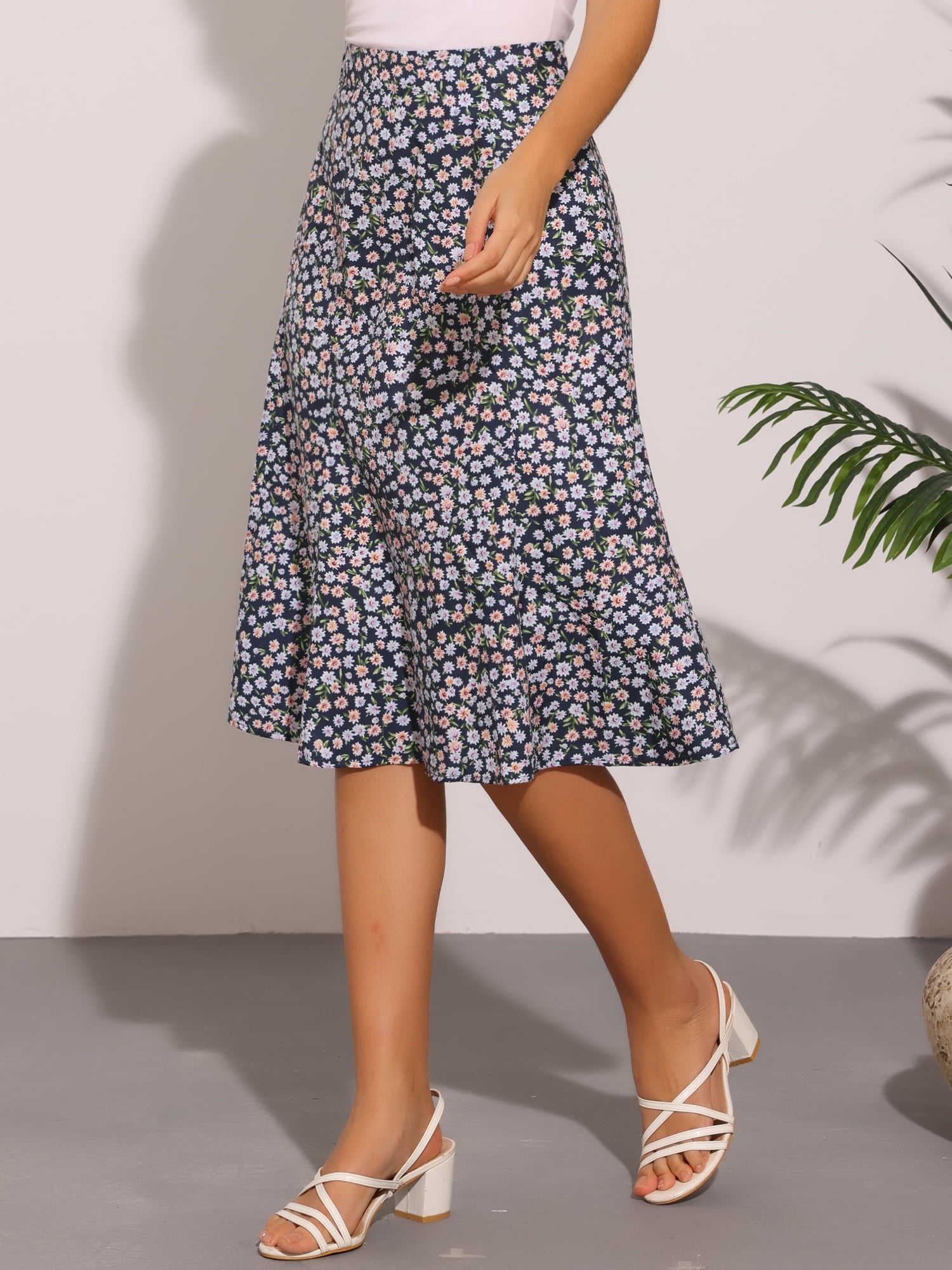 DARING DIVA Women's Elastic Waist A-Line Midi Skirt M Dark Blue Flower