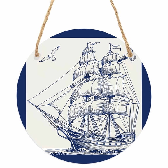 Nautical Ship Round Front Door Welcome Sign, 7.8 Inch Wall Hanging Decor for Indoor Outdoor, Blue Coastal Ocean Birds Boat Vintage Home Porch Hanger Decorations for Holiday Gift
