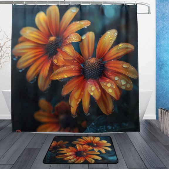 BZSMCE Shower Curtain and Bath Accessory Set,Orning Dew on Orange Blooms Pattern