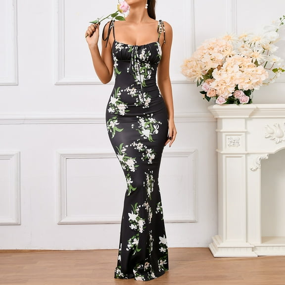Casual, going out, playing, floral pleated backless lace-up halter long dress