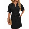 thumbnail image 4 of Women'S Solid Color Casual V-Neck Tie Waist Short Sleeve Dress Midi Summer Shift Dress Black XL, 4 of 9