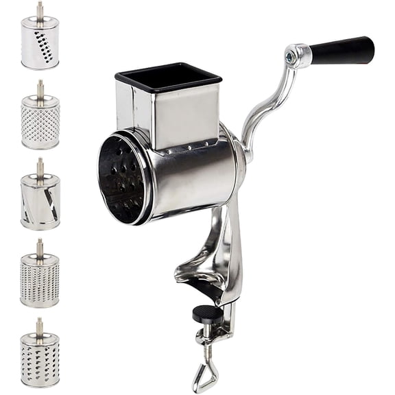 Manual Stainless Steel Rotary Grater with Handle for Kitchen - 5 Drum Blades for Cheese and Vegetables Graters, Slicing and Granulating