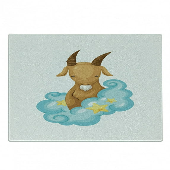 Zodiac Capricorn Cutting Board, Astrology Themed Cartoon Goat with Horns in the Clouds, Decorative Tempered Glass Cutting and Serving Board, Small Size, Pale Brown Pale Blue, by Ambesonne