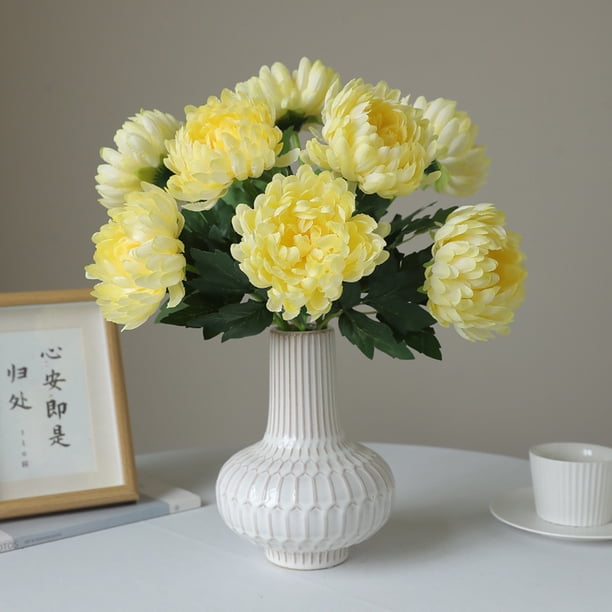 Pack de 6 flores de crisantemo artificial, adornos de jardín de plástico para decoración interior y exterior, arreglo floral artificial blanco y amarillo para bodas y fiestas