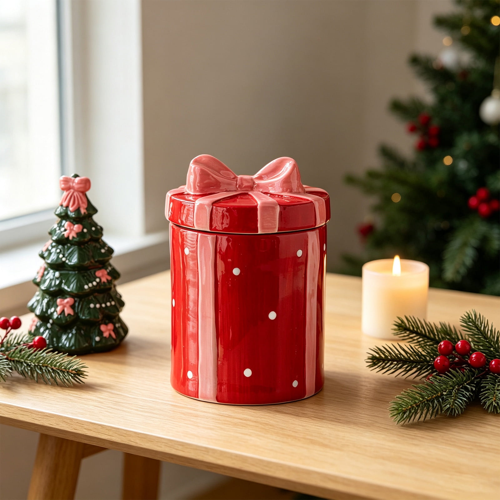 Christmas Storage Jar Christmas Decoration Ornaments Living Room Bookcase Decorations Makeup Tools Storage Ceramic Container with Removable Lid for Holiday Home Kitchen Office Organizing