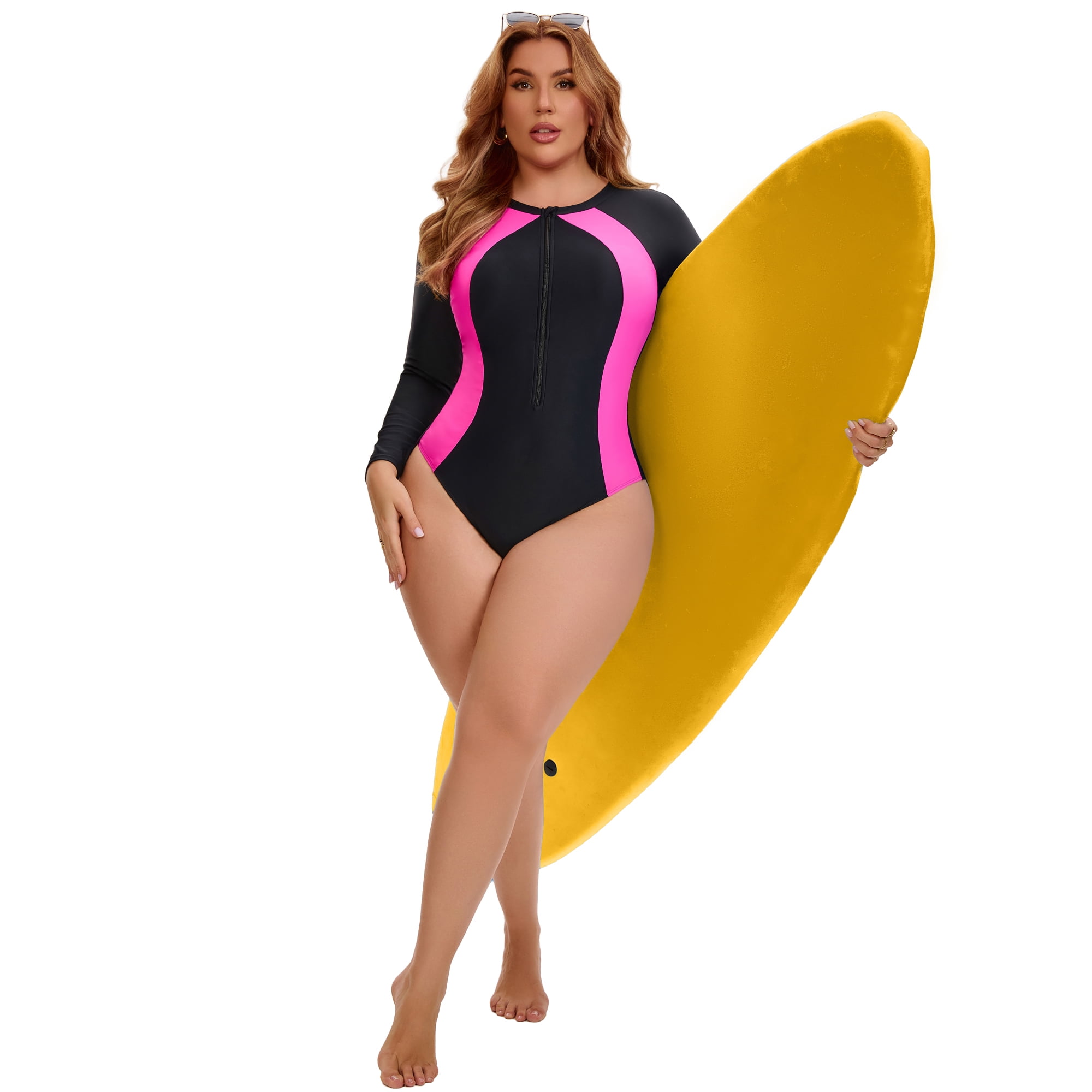 DARING DIVA Women's Plus Long Sleeve Zip Front Beach Swimsuit 2X Black Fuchsia