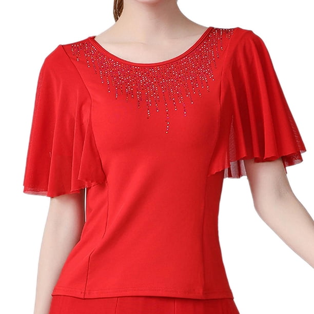Tops de baile para mujer, blusa con mangas acampanadas, Tops de práctica, Top de manga corta para adultos para Cha Rumba, accesorios, regalo para L Sunnimix Baile latino