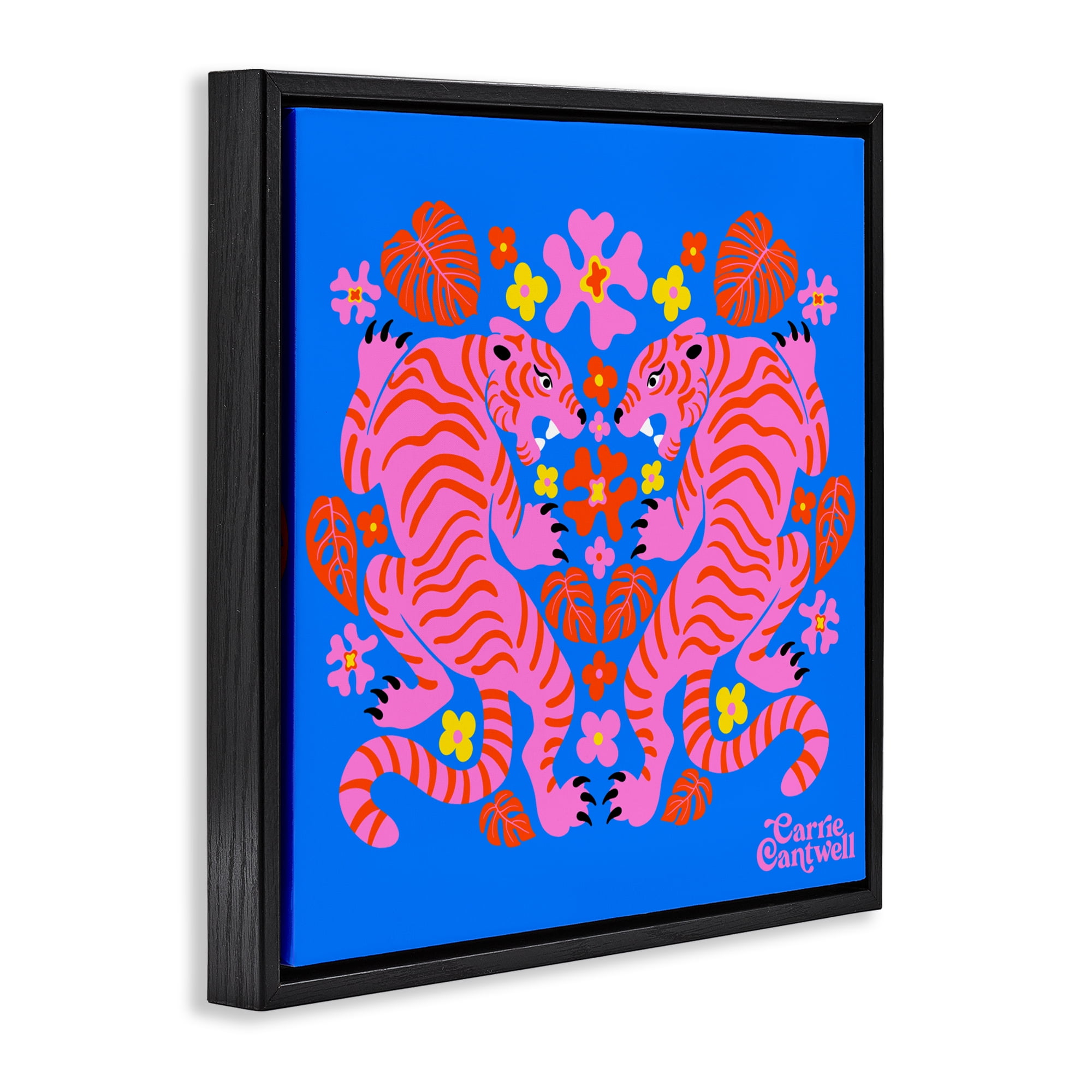 Stupell Industries Pink Tigers and Monstera Black Framed Floater Canvas Wall Art, design by Carrie Cantwell