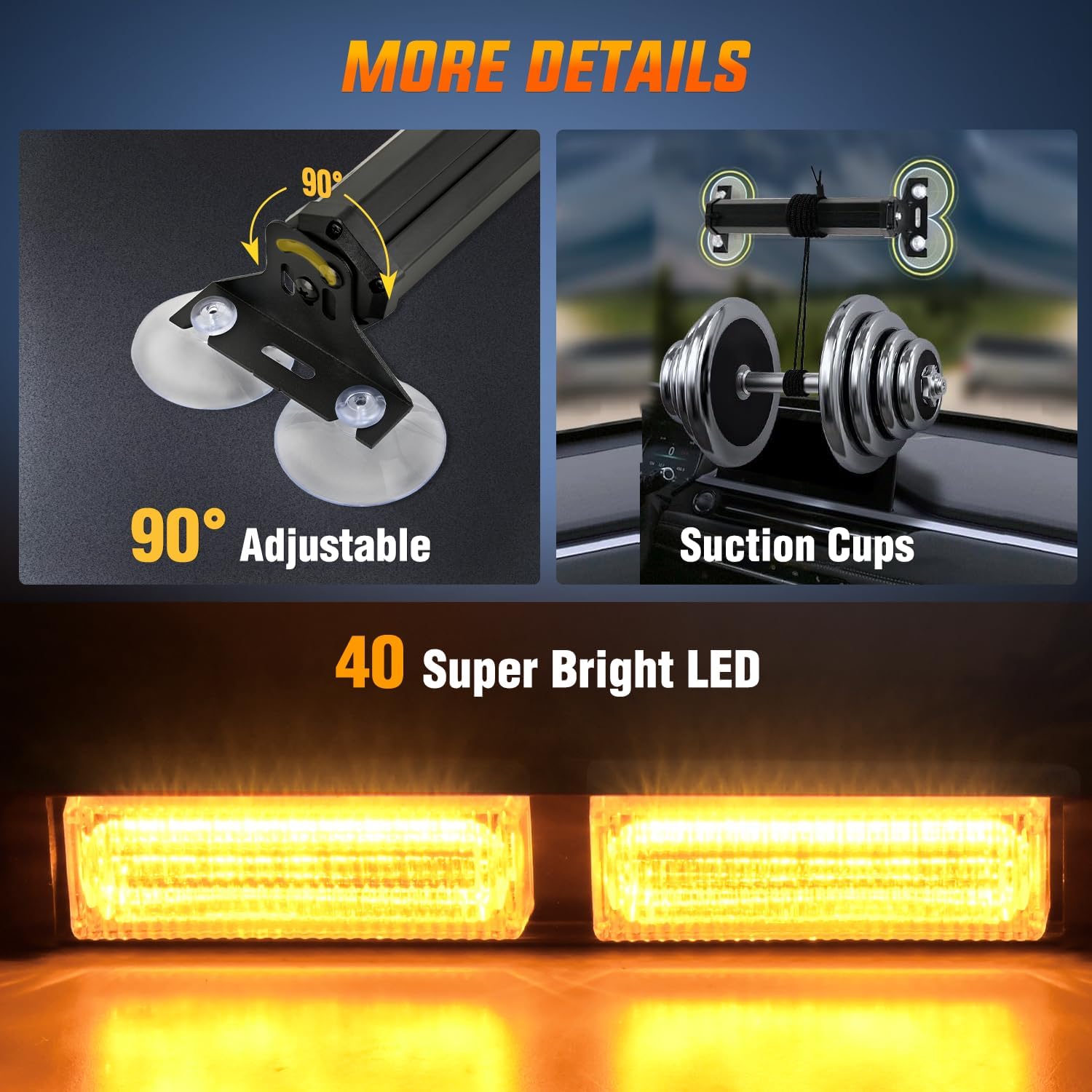 Nilight 40LED Amber Emergency Strobe Advisor Light Bar with Suction Cups Dash Safety Warning Hazard Flashing Lights Interior Front/Rear Windshield for Trucks Construction Vehicles