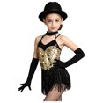 thumbnail image 3 of Kaerm Kid Girls Modern Latin Dance Outfit Halter Sequin Fringed Leotard with Gloves Gold 6, 3 of 6