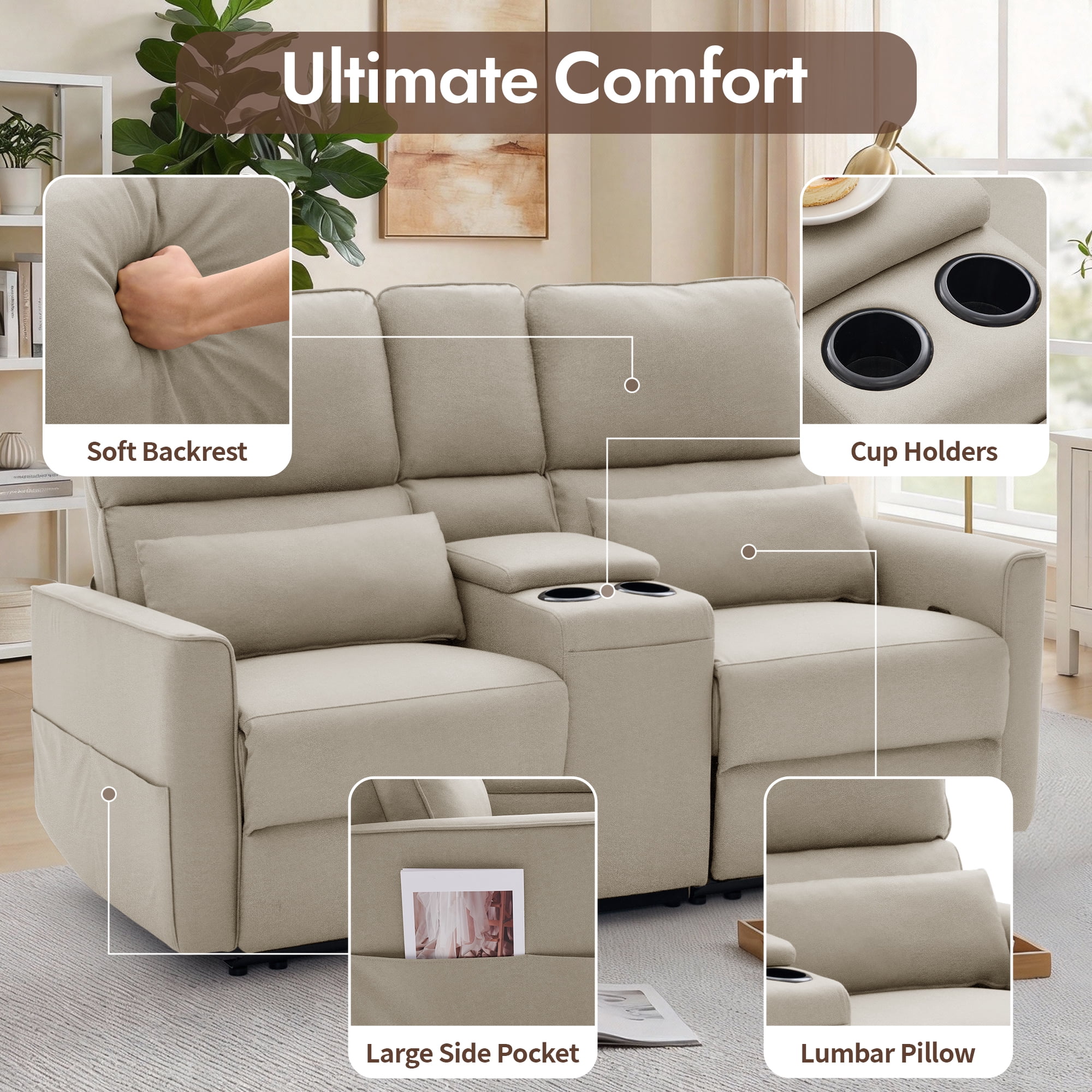 Korser 2-Seater Recliner Sofa with Pillow,Double Recliner Loveseat with Storage Console, Side Pockets, Cup Holders Manual Recliner Sofa for Living Room,Khaki