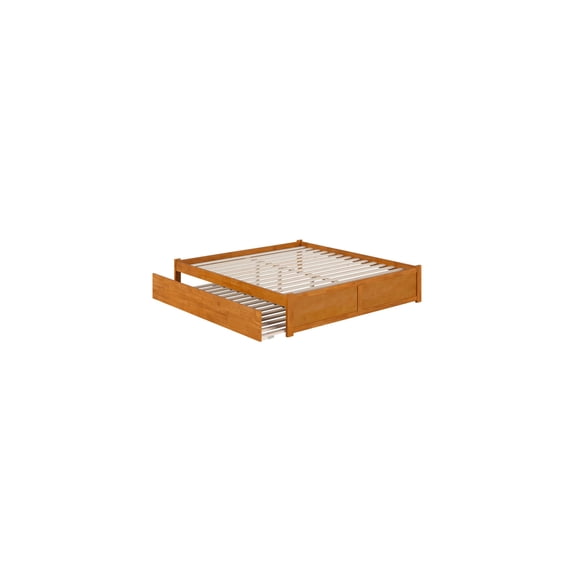 King Platform Bed with Footboard & Trundle - Solid Wood Twin XL - Light Toffee Finish
