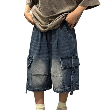 Mercatoo Kids Boys Skateboard Denim Shorts Y2k Baggy Jorts Streetwear Casual Sweatpants Loose Fit ??ip Hop Seven Point Jeans Pant