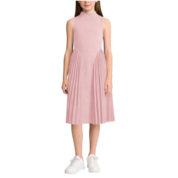 Vestido sin mangas de cuello redondo para niña, color liso, cuello redondo, sin mangas, talla mediana, informal y cómodo, de poliéster.