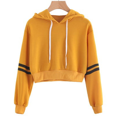 TIFENNY 2018 New Womens Fashion Tops Varsity-Striped Drawstring Crop Sweatshirt Jumper Crop Pullover Blouse with Hooded 
