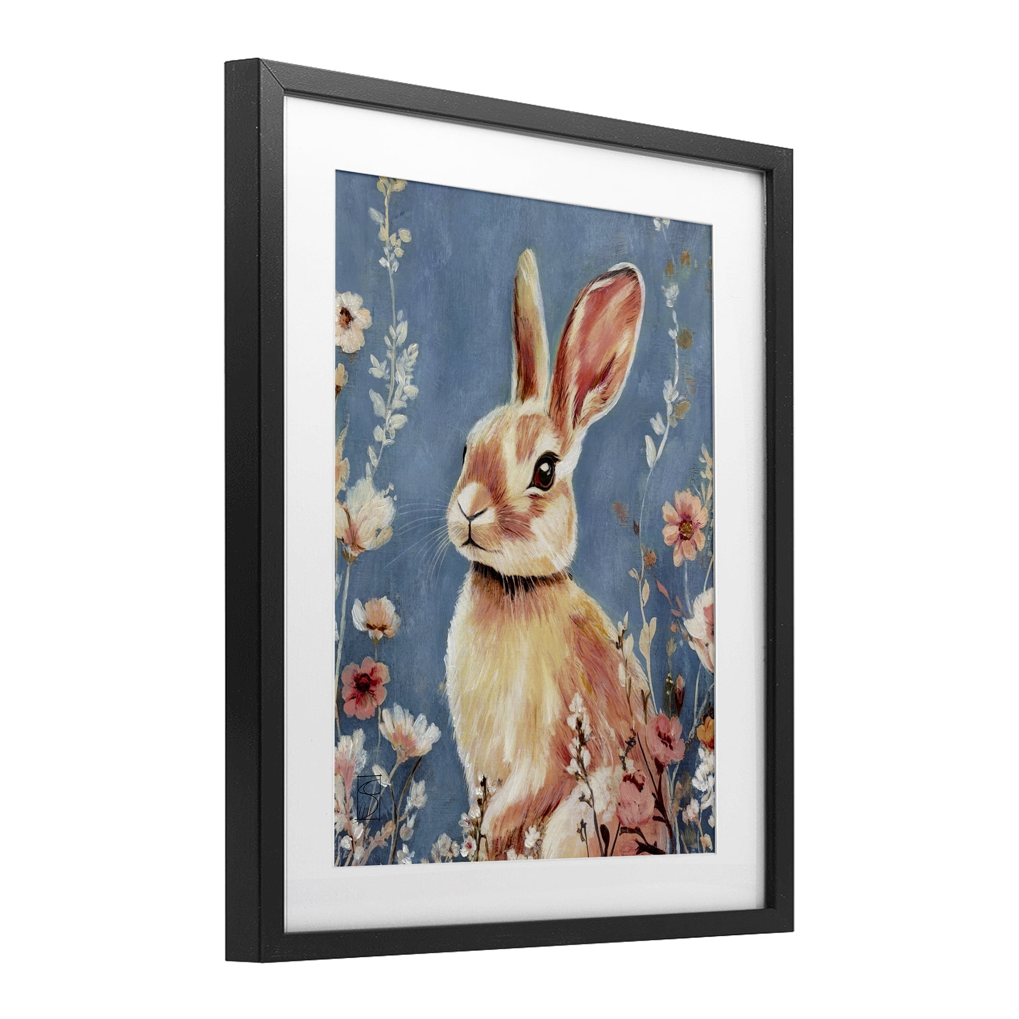 Stupell Industries Whimsical Rabbit on Blue Black Framed Print Under Glass, design by Sara Culpepper
