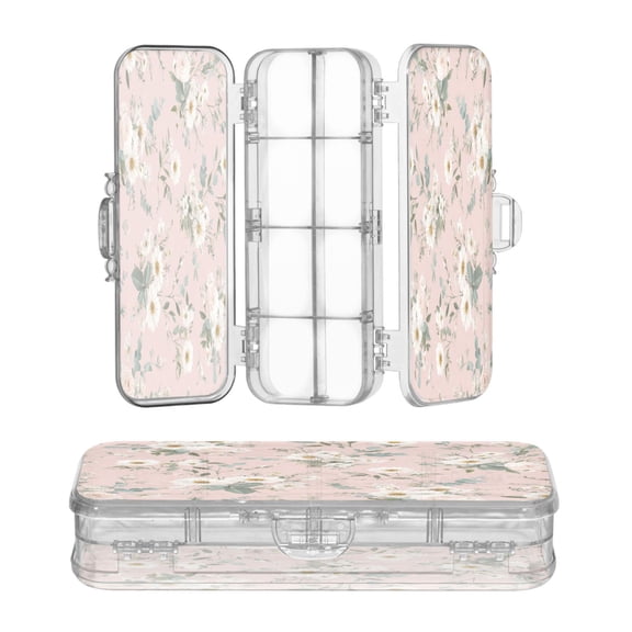Plastic Pencil Box Large Capacity Pencil Boxes Clear Boxes with Snap-Tight Lid Stylish Office Supplies Storage Organizer Box Small White and Pink Flowers