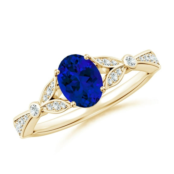 ANGARA Lab Grown Blue Sapphire Engagement Ring with Leaf Motifs for Women in 14K Yellow Gold (Size-7x5mm) | September Birthstone, Anniversary, Jewelry Gift for Women | Lab-Grown Blue Sapphire Ring