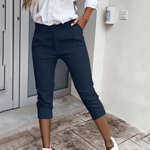 High Waisted Capri Pants for Women Slim Fit Stretchy Cropped Trousers Office Business Casual Work Capris with Pockets