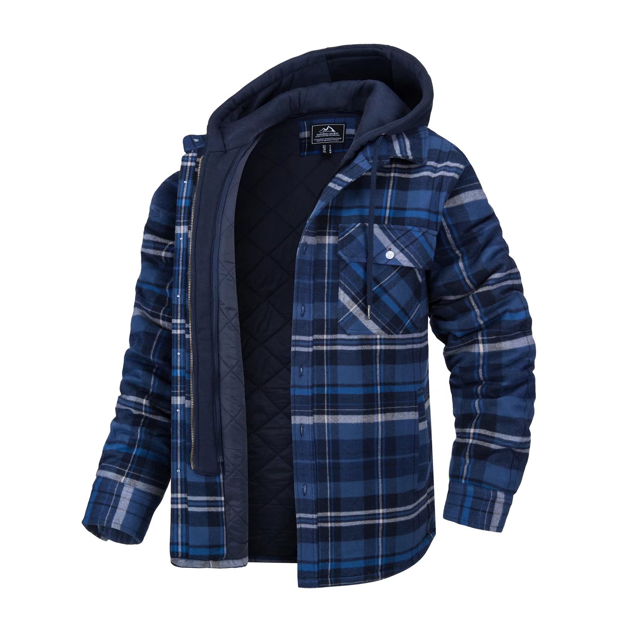 UKAP Men s Shirt Jacket Hooded Jackets Quilted Lined Outwear Flannel Winter Coat Navy Blue L Walmart