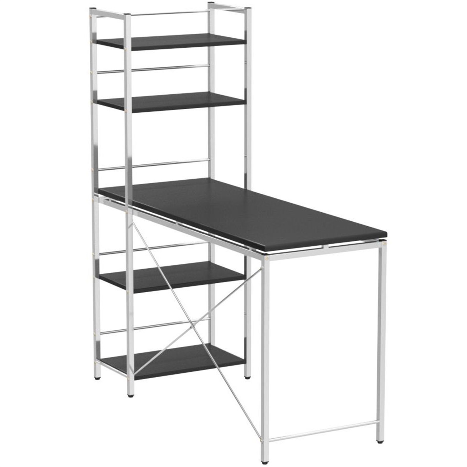 Hommoo Modern Wooden Computer Desk with 5 Shelves, Gaming Desk with Storage, Suitable for Offices and Homes,Black and Chrome