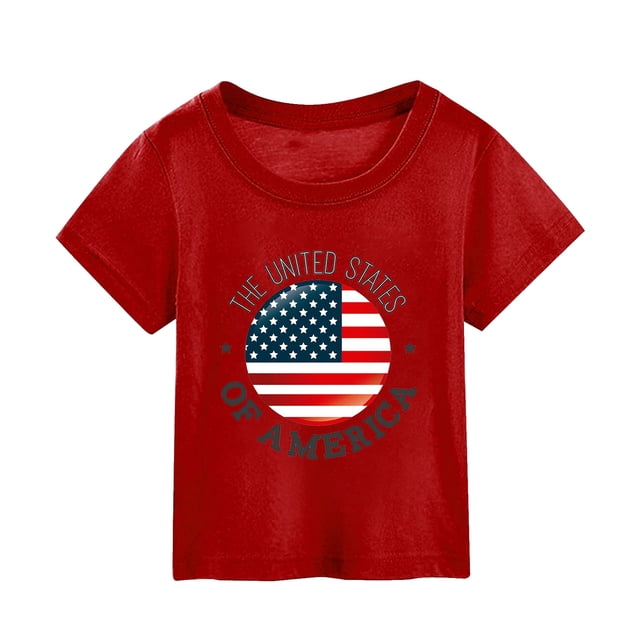 AQUARIVE T-Shirts pour Enfants Filles Tout-Petits Été Motif Jour de l'Indépendance Hauts Décontractés Col Rond Manches Courtes T-Shirt Classique Rouge 1-2 T