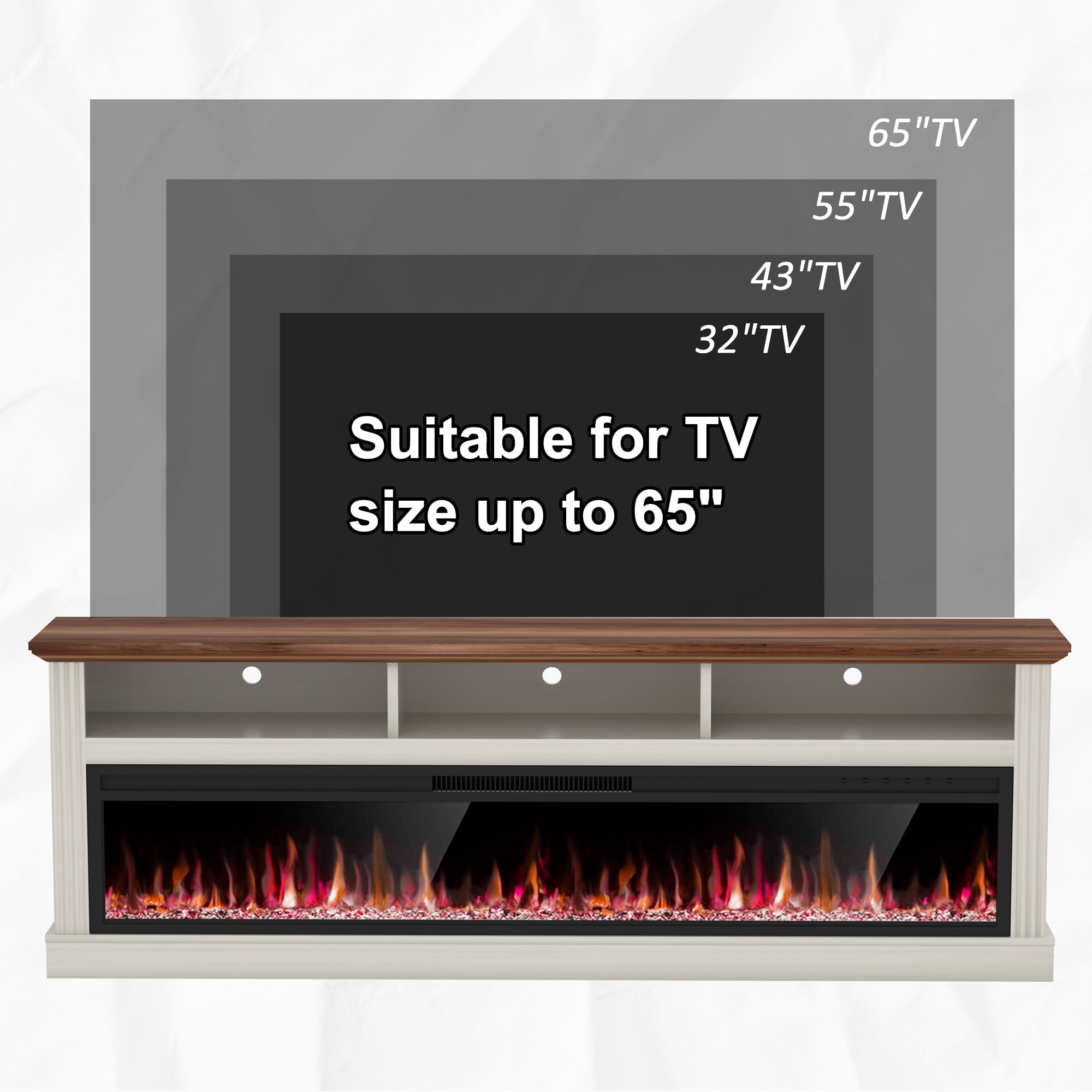 HARIPUL 58" Fireplace TV Stand for TVs Up to 65" with 52" Electric Fireplace,White Entertainment Center with Storage Cabinets,Led Light TV Consoles for Living Room,White/Crystal Fireplace