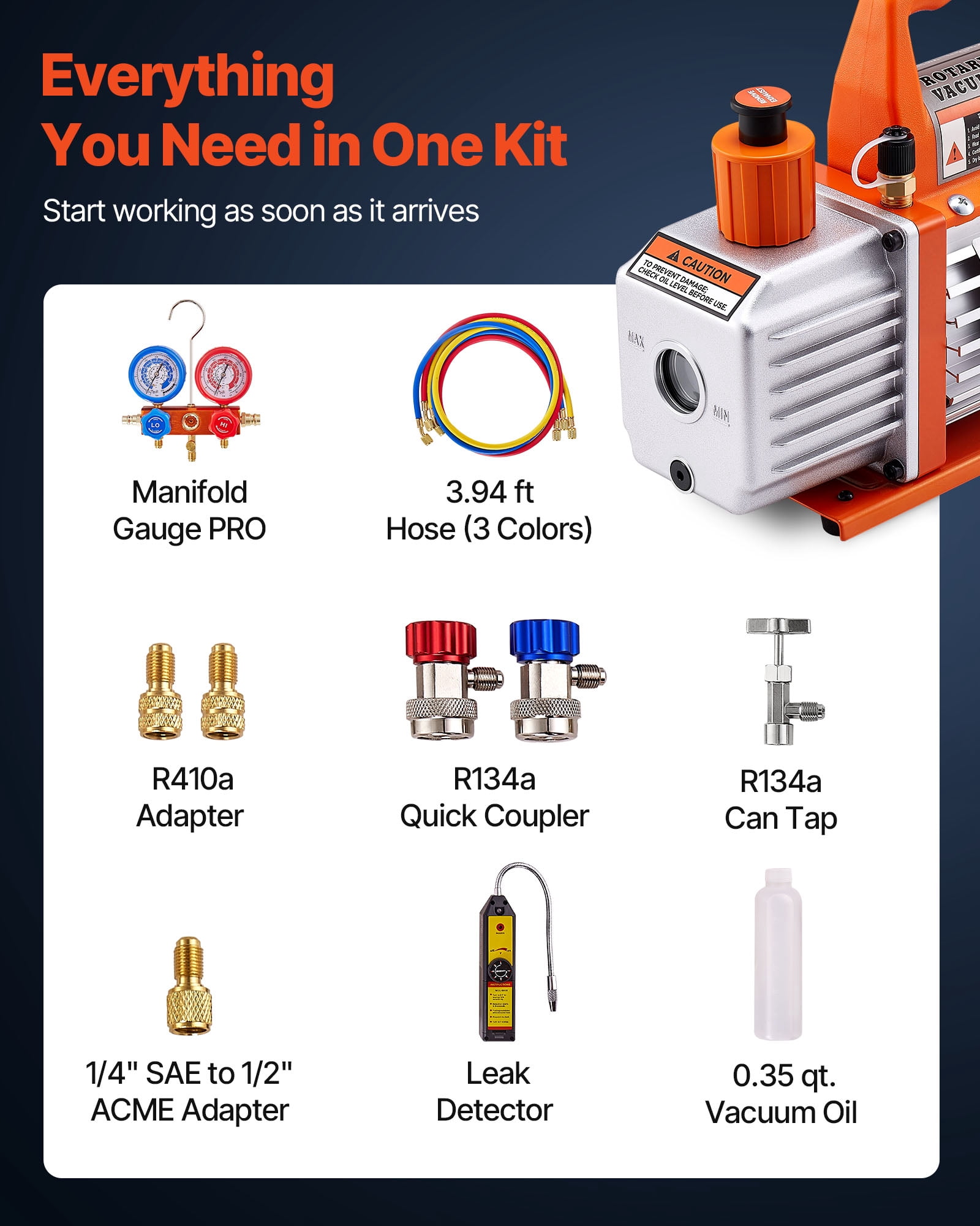 VEVOR 4 CFM AC Vacuum Pump and Gauge Set, 1/3 HP, Single Stage Rotary Vane HVAC Air Vacuum Pump, A/C Refrigerant Manifold Gauge Kit, with Leak Detector, Carry Bag, for R134a R22 R410a Refrigerants