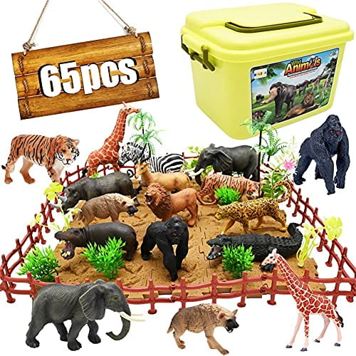 65PCS Safari Animal Figurines Toy Set Realistic Jungle Zoo Figures with Elephant Lion Giraffe Fence Building Blocks for Kids Ages 3 8 Walmart