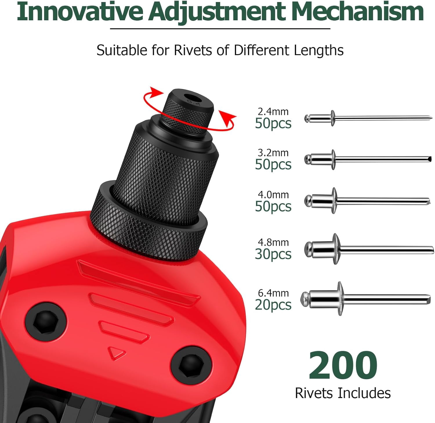 JiGiU 13.3" Heavy Duty Manual Rivet Gun - Professional Pop Rivet Tool with 5 Interchangeable Nozzles (2.4mm/3.2mm/4.0mm/4.8mm/6.4mm) & 200 Rivets for Metal Furniture, Car, Trailer