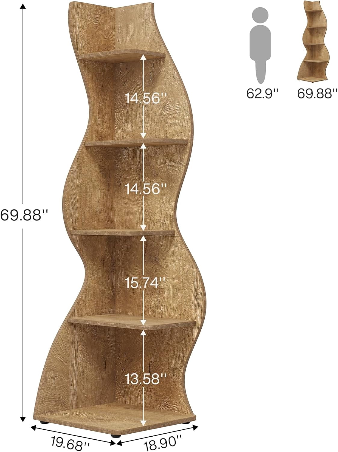 Tribesigns Modern Corner Shelf, 5-Tier Wall Corner Bookshelf, Small Bookcase Storage Rack for Living Room, Home Office (Light Brown)