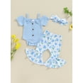 thumbnail image 3 of Musuos Baby Girls Summer 3PCS Sets 0-18Months Blue Short Sleeve Off-Shoulder Button Romper Floral Flared Pants Headband Sets, 3 of 10