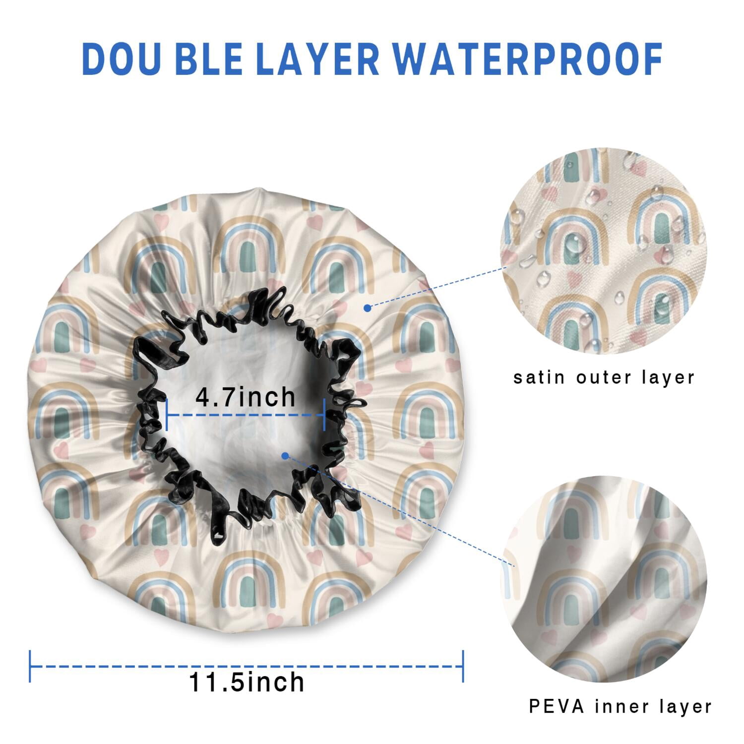 Shower Caps,Beige Boho Bohemia Rainbows Hearts Pattern Waterproof Shower Cap for Women 4 Pieces,Double Reusable Hair Cover for Shower PEVA Elastic Stretch Hem
