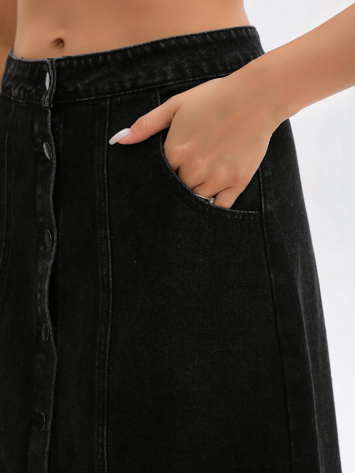 DARING DIVA Women's Button Down Front Slit A Line Midi Jean Skirts XL Black