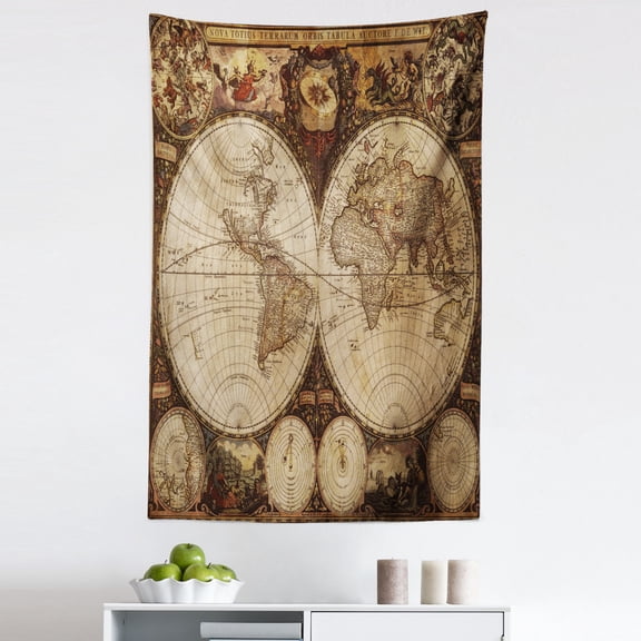 World Map Tapestry, Old World Map Drawn in 1720s Nostalgic Style Art Historical Atlas Vintage Design, Fabric Wall Hanging Decor for Bedroom Living Room Dorm, 5 Sizes, Multicolor, by Ambesonne