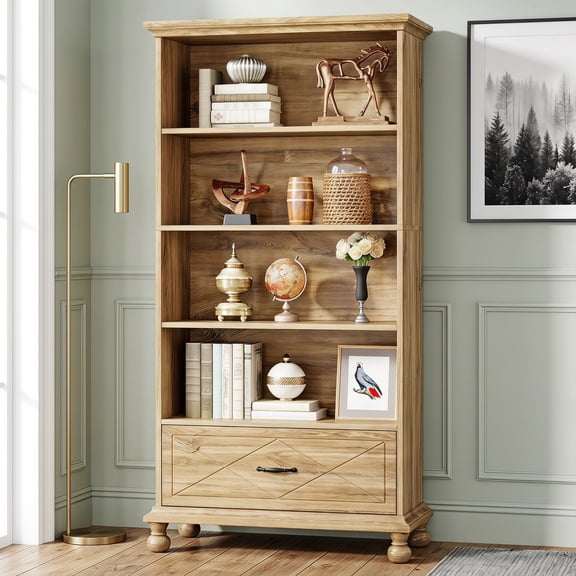 Fnova 6-Tier Tall Storage Shelf Unit, with Drawer Farmhouse Bookcase Display for Living Room Bedroom Home Office Study