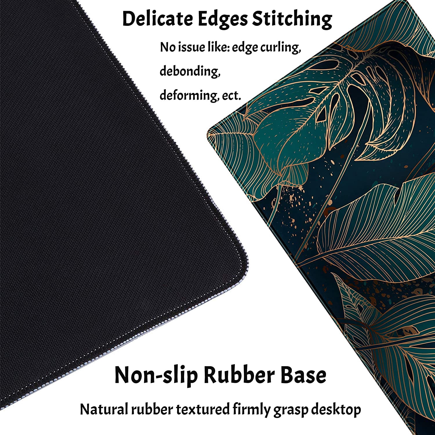 Desk Pad, Green Gold Palm Leaves Extended Gaming Mouse Pad Cute Large Desk Mat, Non-Slip Rubber Base Mousepad with Stitched Edges, Keyboard Mouse Mat Desk Pad for Game Office Home 31.5x15.75 in