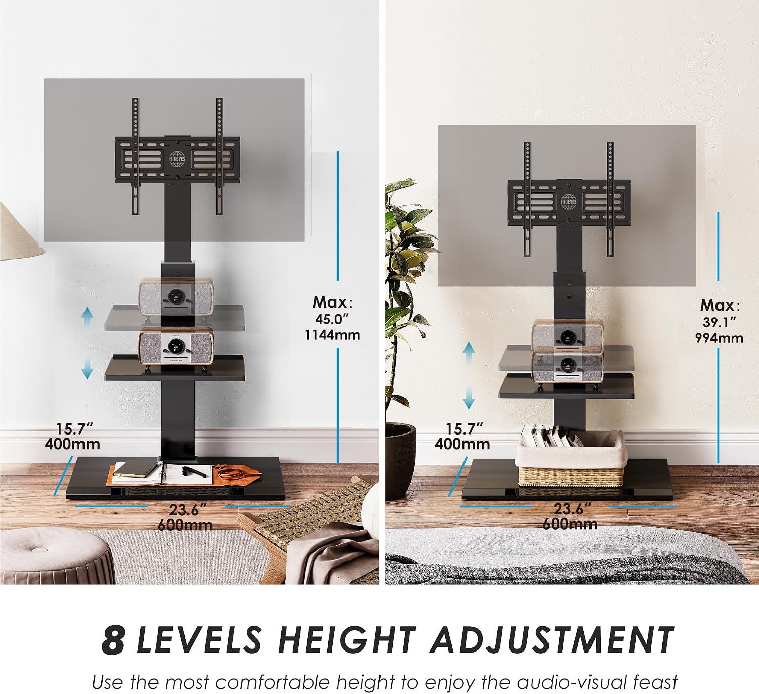 FITUEYES Floor TV Stand for 32–65 Inch TVs, Black, Swivel Mount, Height Adjustable, Iron Base