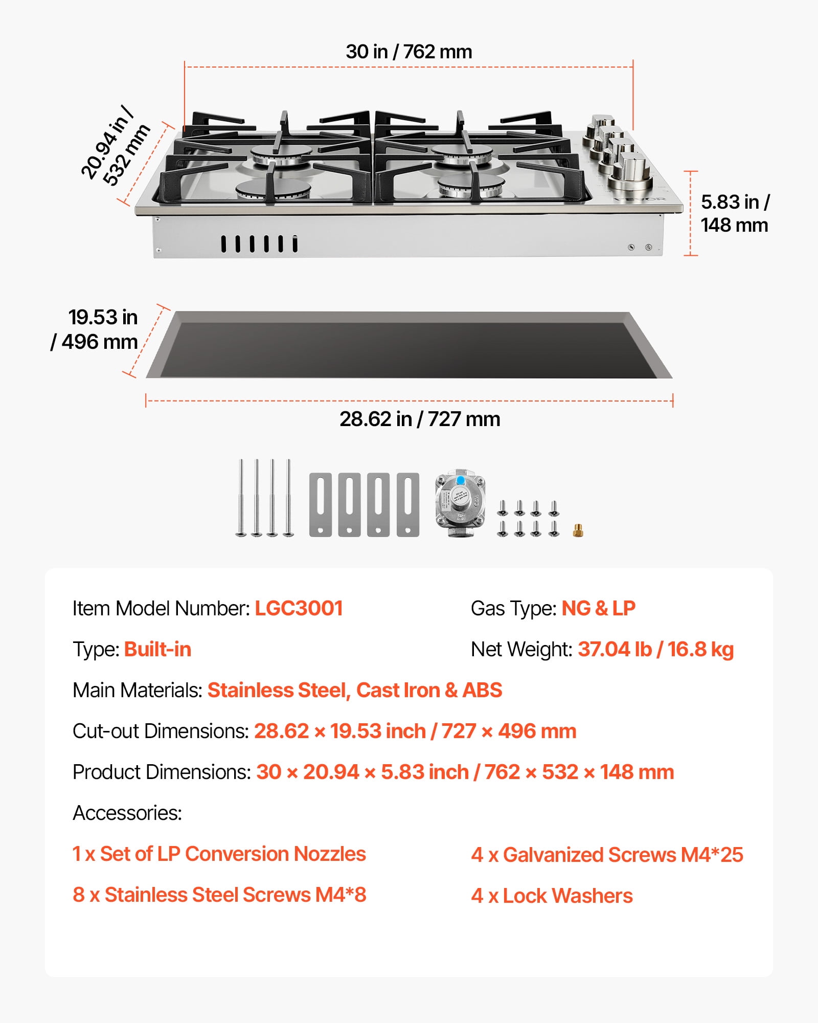VEVOR Gas Cooktop, 30 inch 4 Burners Gas Stove Top, Max 48000BTU Built-in Stainless Steel Stove Top LPG/NG Convertible Dual Fuel Cooktop Stoves with Sealed Burner for Sear, Stew, Boil, Stir-Fry