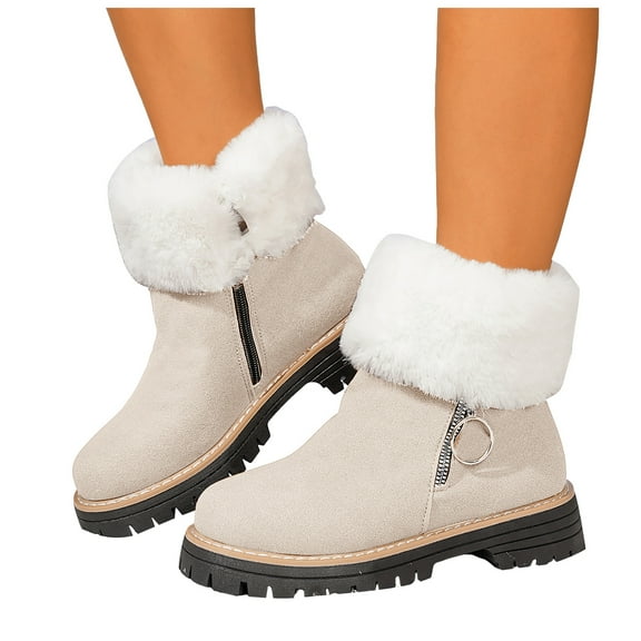 Rokment Fuzzy Platform Chunky Mid Calf Snow Boots for Women 2025 Winter Fashion Casual Plush Low Heel Short Dress Booties with Zipper Beige Size 6