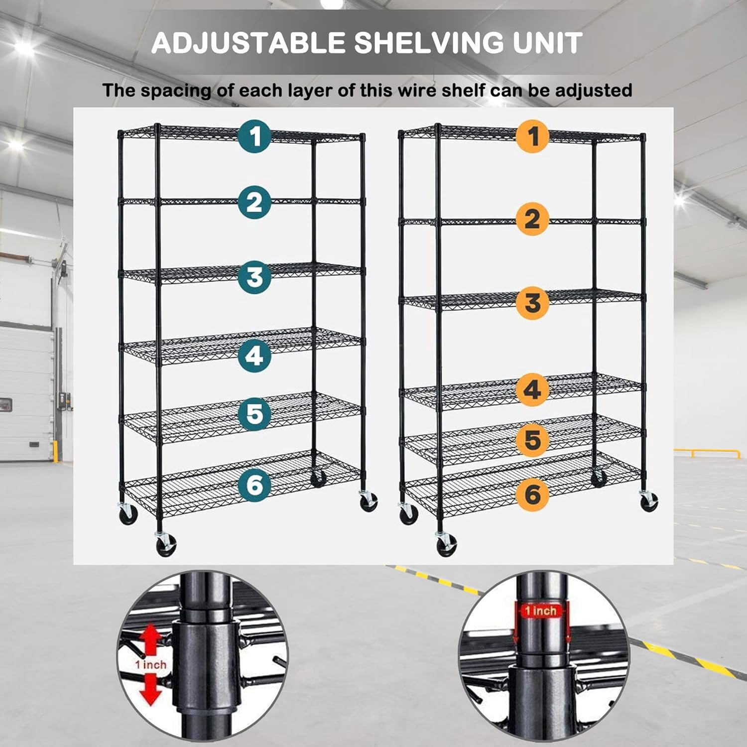 CL.HPAHKL 6-Tier Adjustable Storage Shelves 48"L×18"W×78"H, NSF Certified Wire Shelving Unit with Wheels, Heavy Duty Metal Shelf for Pantry, Kitchen, Basement, Garage, 6000lbs Capacity, Black