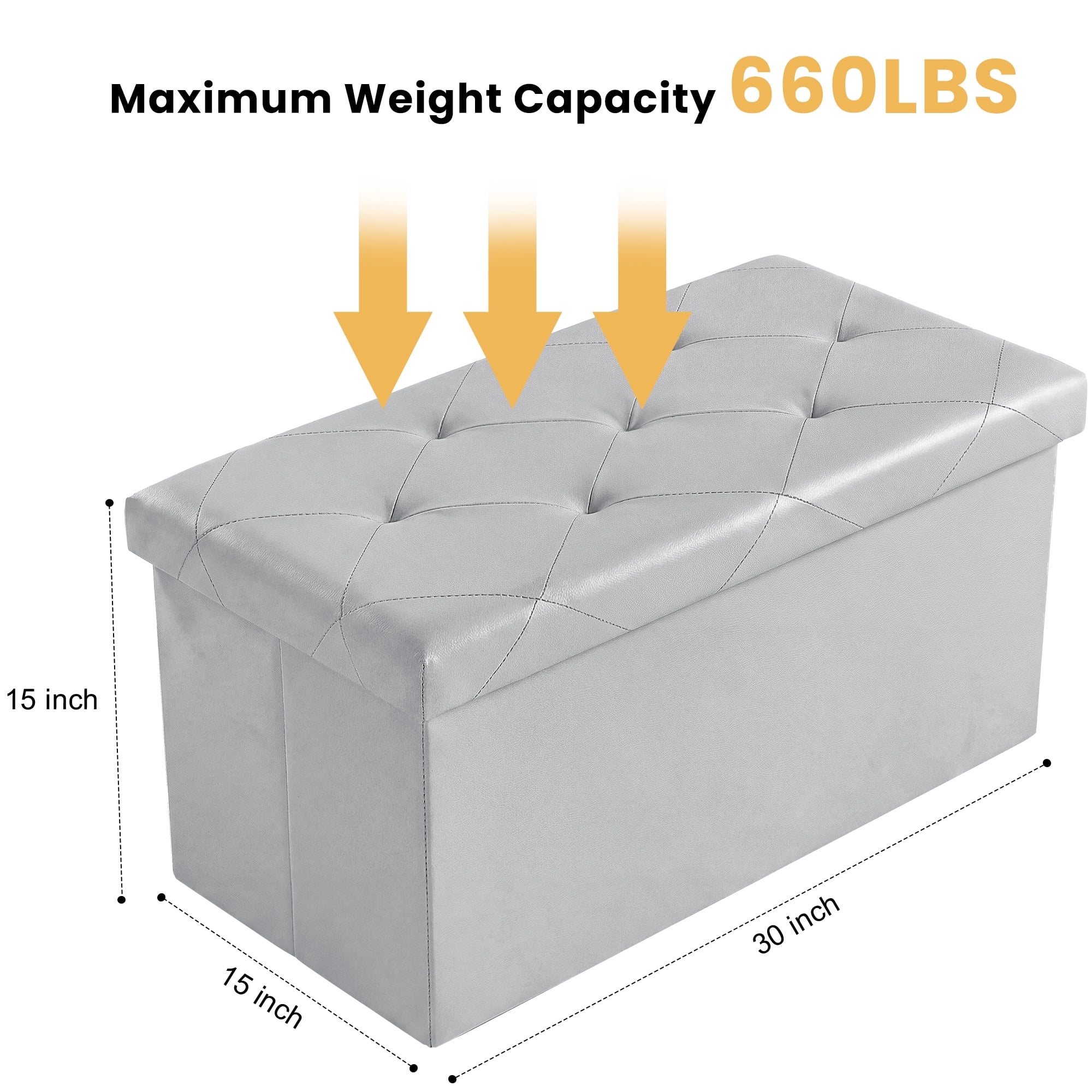Gianna 30 Inch Folding Ottoman With Storage Bench, Bedside Storage Bench With Leather Top Cover and Cushion, Footrest Suitable for Bedroom, Living Room, Gray