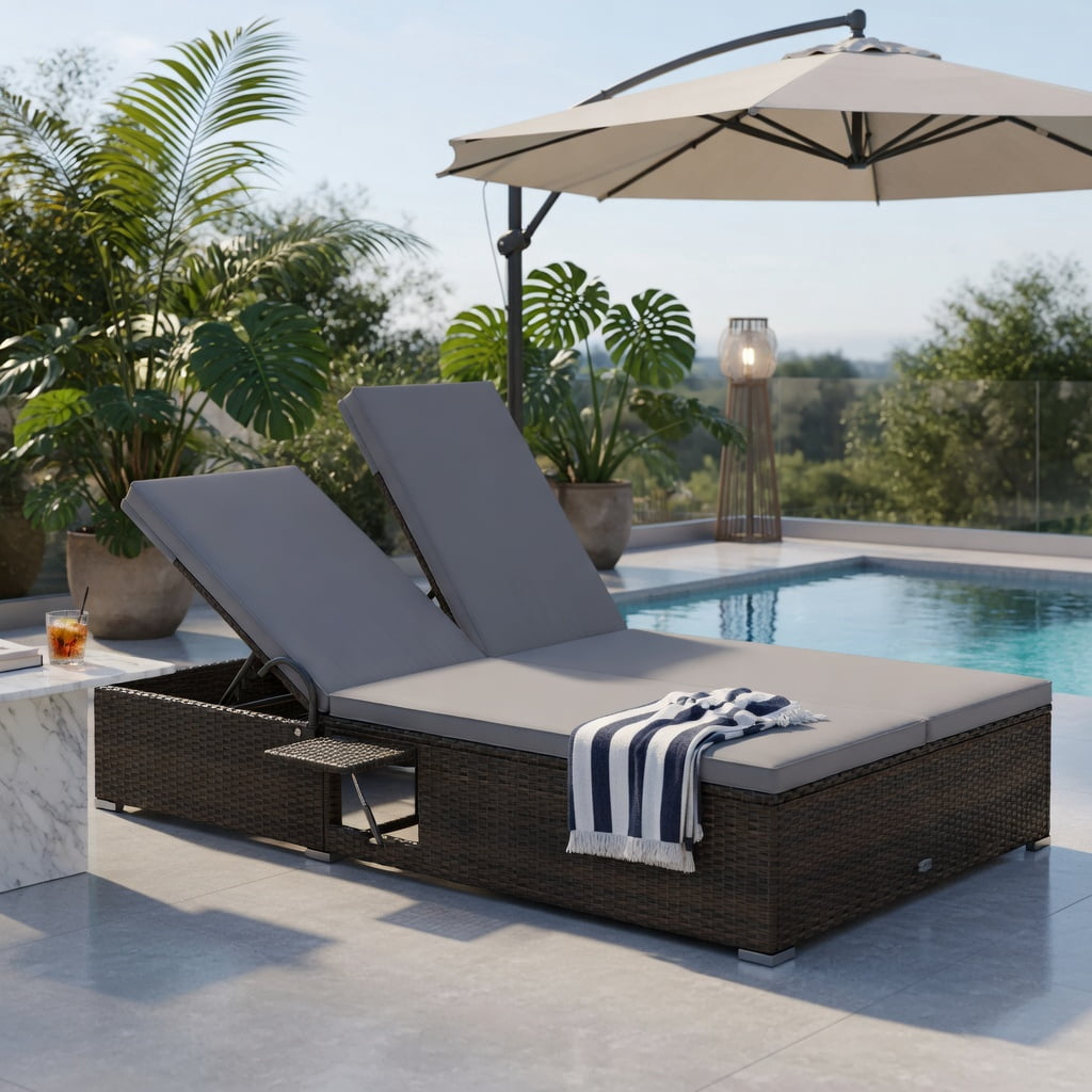 Hommoo Double Chaise Lounge with Adjustable Backrest, Retractable Canopy & Folding Side Tables, PE Rattan Outdoor Patio Lounger for 2, Gray