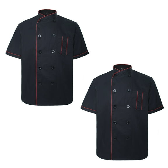 Toptie 2 Pack Unisex Short Sleeve Chef Coat Jacket, Black With Red